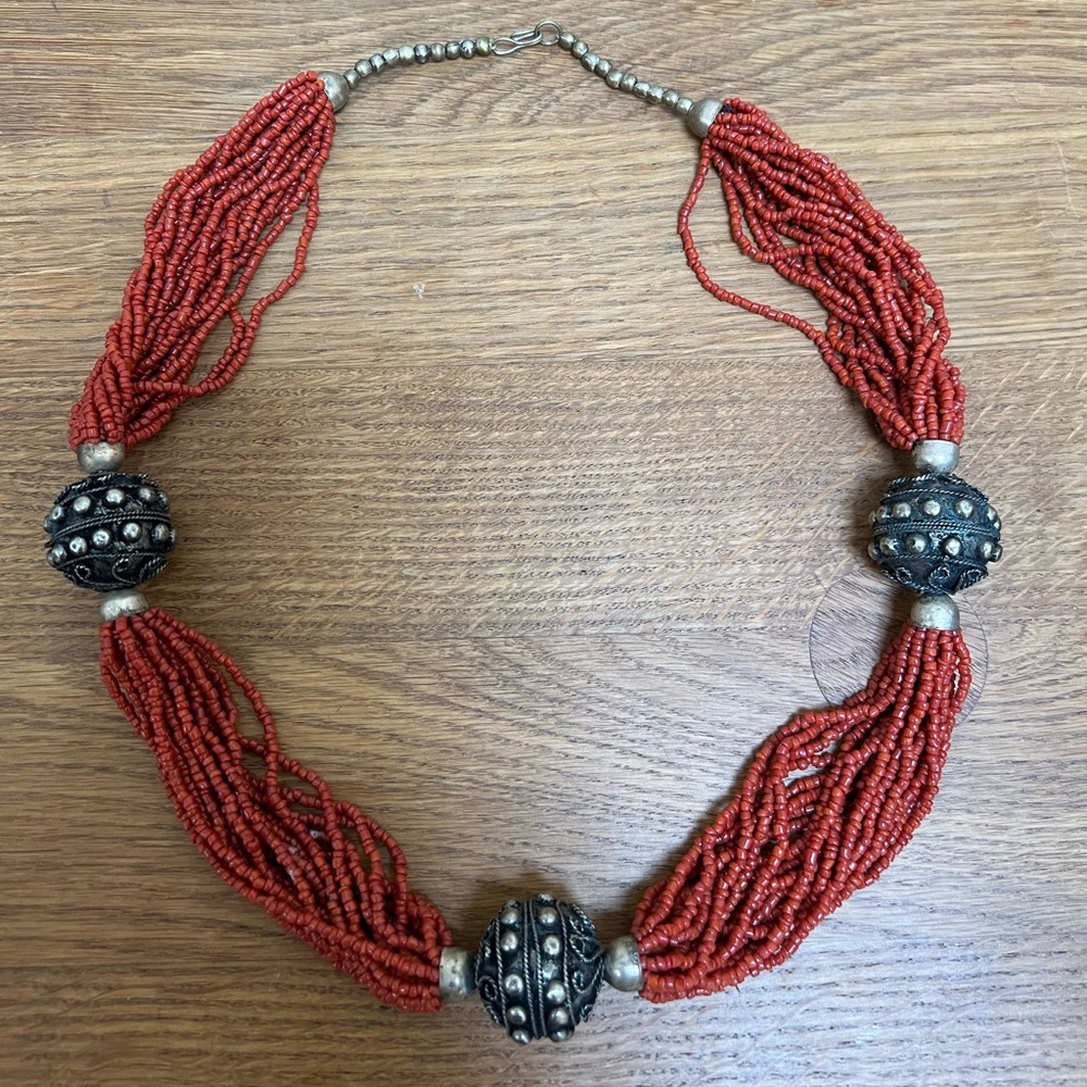 Vintage Orange seed Beaded Necklace with Silver tone Accents